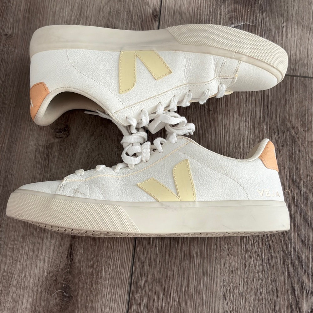 Veja Women's White Sneakers with Yellow V Logo and Peach Heel Tab - Picture 6 of 10